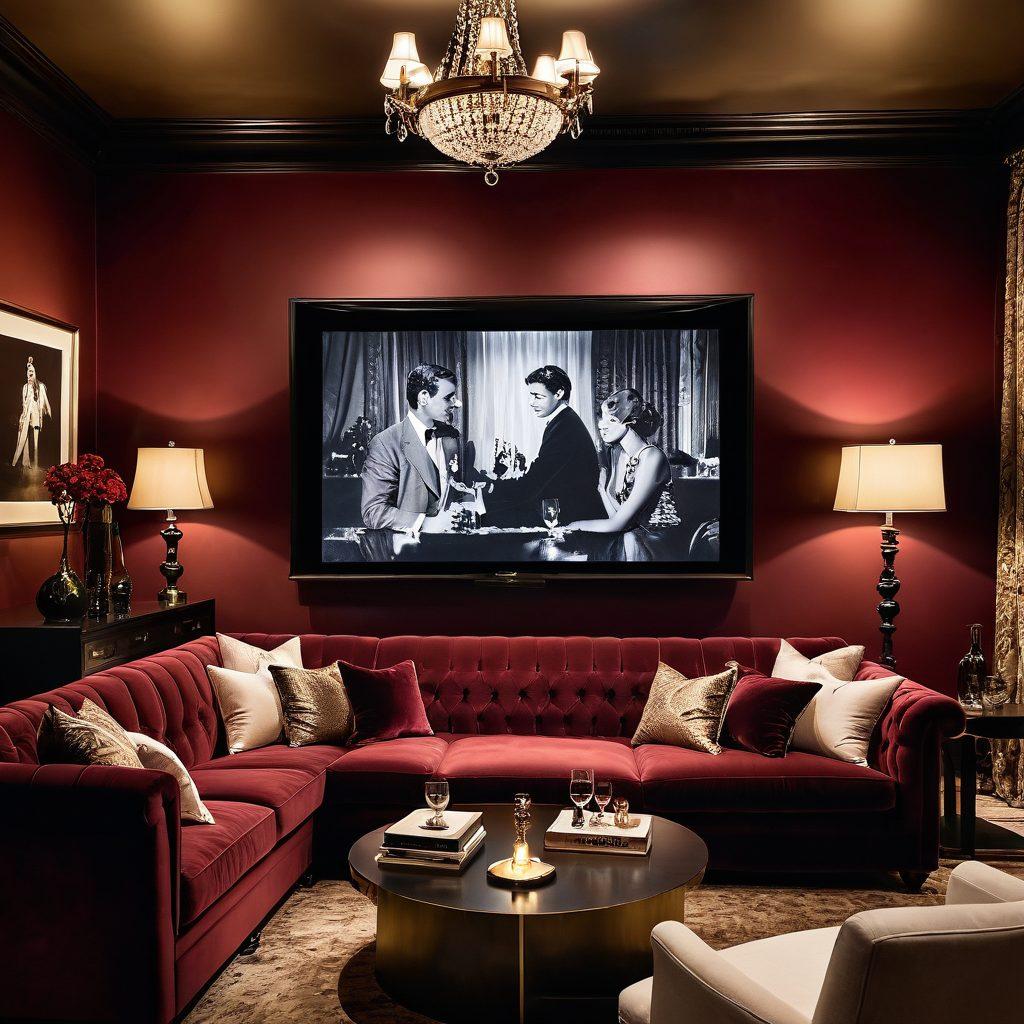 A sophisticated, elegant living room setting with a plush, vintage couch and soft lighting that sets a romantic mood. In the background, a vintage projector casts silhouettes of classic erotic film scenes on a wall, surrounded by tasteful artwork and wine glasses. The atmosphere is inviting yet discreet, suggesting a sense of discovery and appreciation. Include a hint of glamour, with rich colors and textures that evoke a mature, artistic vibe. super-realistic. warm tones. intimate ambiance.