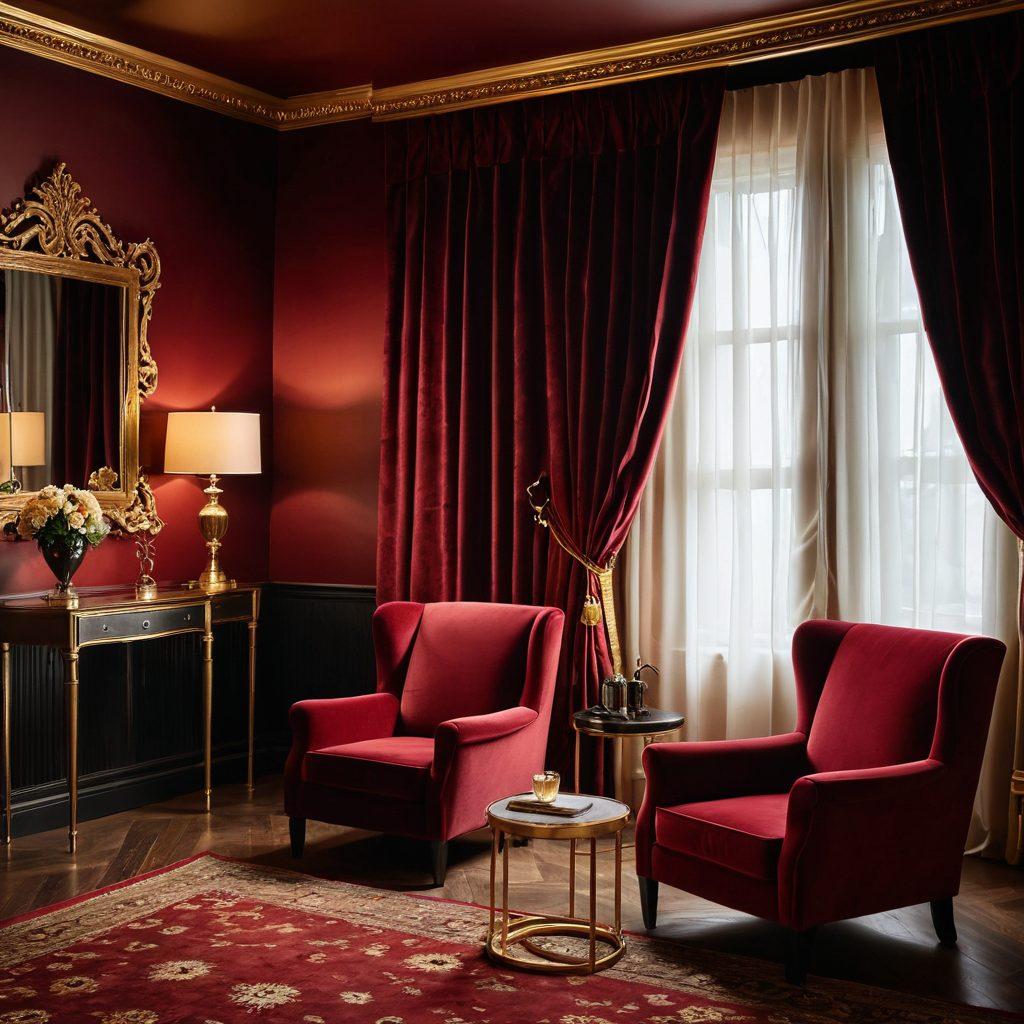 A sophisticated and elegant film set highlighting a luxurious scene with plush velvet curtains, softly dimmed lights, and tasteful film reels in the background. A sleek high-back chair positioned elegantly in front, inviting viewers to indulge in the sensuality of mature cinema. The atmosphere should evoke intimacy and allure, with rich colors like deep reds and golds enhancing the sophistication. super-realistic. vibrant colors. intimate atmosphere.